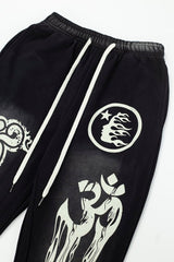 Black Gothic Embroidery Loose‑Fit Flare Casual Sweatpants