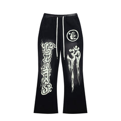 Black Gothic Embroidery Loose‑Fit Flare Casual Sweatpants