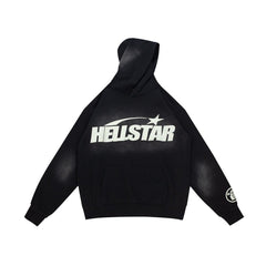 Retro Distressed Print Loose Fit Streetwear Black Hoodie