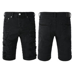 Purple Jeans Edgy Distressed Black Denim Shorts with Destroyed Rips for Men’s Summer Fashion 5108