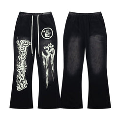 Black Gothic Embroidery Loose‑Fit Flare Casual Sweatpants