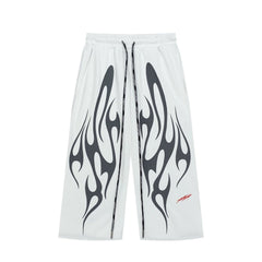 Black White Flame Graphic Loose Drawstring Street‑Wear Pants