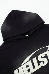 Retro Distressed Print Loose Fit Streetwear Black Hoodie