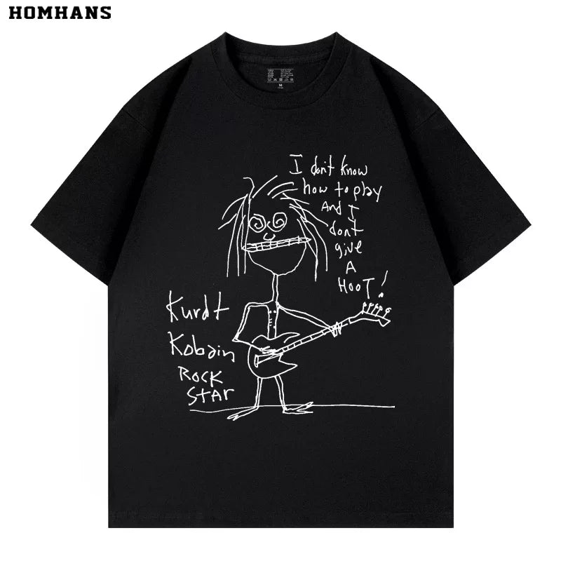 Washed Black Printed Short Sleeve T-shirt Nirvana Kurt Cobain Self Portrait Cotton Loose (2)