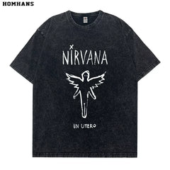 Washed vintage Nirvana In Utero band retro short sleeved T-shirt for men and women, loose and casual pure cotton (1)