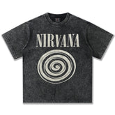 2025 Spring/Summer New Cross border NIRVANA Rock Band Vintage Short sleeved T-shirt Heavy duty Washed and Used Trend (17)
