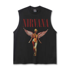2025 Cross border Summer Nirvana Crimson Angel Heavy Duty Washed Water Shoulder Tank Top Rock T-shirt Printed Men's Tank Top