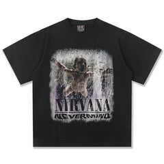 2025 Spring/Summer New Cross border NIRVANA Rock Band Vintage Short sleeved T-shirt Heavy duty Washed and Used Trend (2)