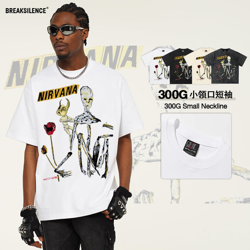 2025 Spring/Summer New NIRVANA Rock Band Vintage Short Sleeve T-shirt 300g Small Collar T-shirt (2)