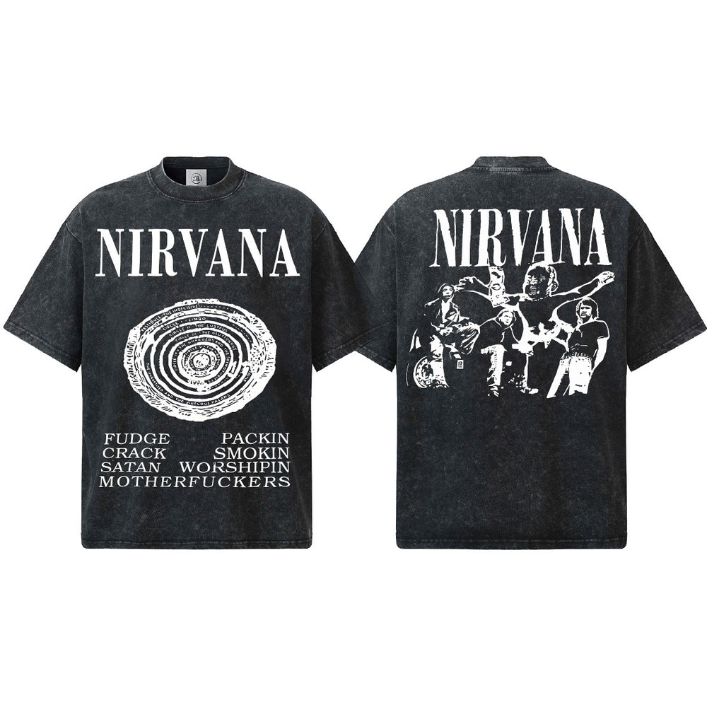 2026 Cross border Spring/Summer NIRVANA New American Round Neck 300G Cotton Shoulder Drop Heavy Short Sleeve Men's Bottom Shirt (2)