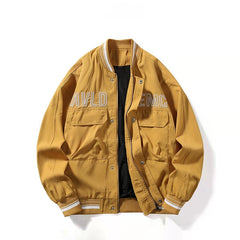 Yellow Multi‑Pocket Embroidered Varsity Jacket