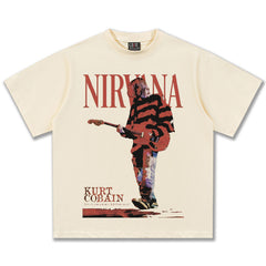 2025 Spring/Summer New Cross border NIRVANA Rock Band Vintage Short sleeved T-shirt Heavy duty Washed and Used Trend (8)