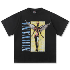 2025 Spring/Summer New Cross border NIRVANA Rock Band Vintage Short sleeved T-shirt Heavy duty Washed and Used Trend (1)