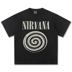 2025 Spring/Summer New Cross border NIRVANA Rock Band Vintage Short sleeved T-shirt Heavy duty Washed and Used Trend (17)