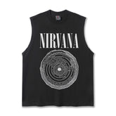 2025 Cross border Summer Nirvana Ring European and American Rock Vintage Washed Water Shoulder Tank Top T-shirt Printed Men's Tank Top