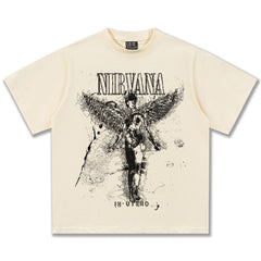 2025 Spring/Summer New Cross border NIRVANA Rock Band Vintage Short sleeved T-shirt Heavy duty Washed and Used Trend (10)