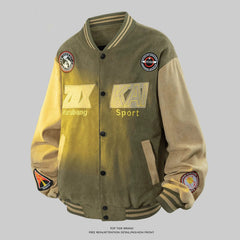 Olive Green Graphic Patched Varsity Jacket