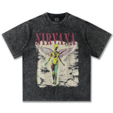 2025 Spring/Summer New Cross border NIRVANA Rock Band Vintage Short sleeved T-shirt Heavy duty Washed and Used Trend (16)
