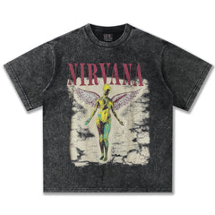 2025 Spring/Summer New Cross border NIRVANA Rock Band Vintage Short sleeved T-shirt Heavy duty Washed and Used Trend (16)