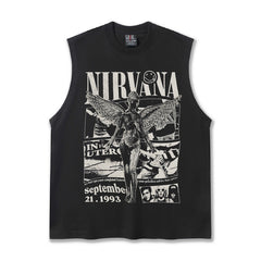 2025 Cross border Summer NIRVANA New American Retro High Street Round Neck Shoulder Tank Top T-shirt Printed Tank Top for Men (1)