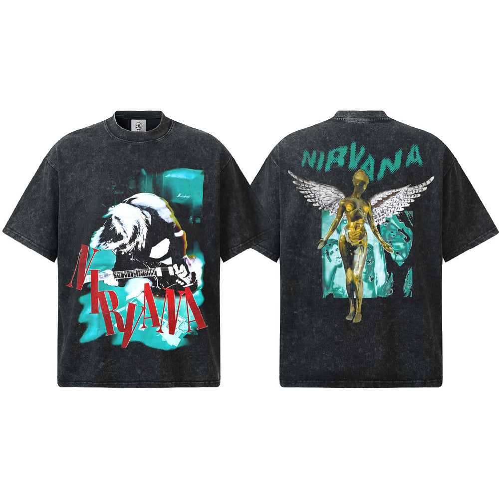 2026 Cross border Spring/Summer NIRVANA New American Round Neck 300G Cotton Shoulder Drop Heavy Short Sleeve Men's Bottom Shirt (2)