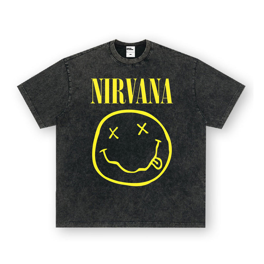 NIRVANA Rock American Retro Short Sleeve T-shirt Washed Heavy Cross border Printed Trendy Pure Cotton Vintage Men (6)