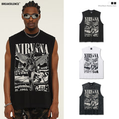 2025 Cross border Summer NIRVANA New American Retro High Street Round Neck Shoulder Tank Top T-shirt Printed Tank Top for Men (2)