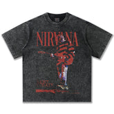 2025 Spring/Summer New Cross border NIRVANA Rock Band Vintage Short sleeved T-shirt Heavy duty Washed and Used Trend (8)