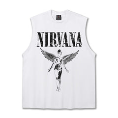 2025 Cross border Summer Nirvana American Retro High Gram Heavy Washed Water Shoulder Tank Top T-shirt Printed Men's Tank Top Trend (2)