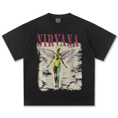 2025 Spring/Summer New Cross border NIRVANA Rock Band Vintage Short sleeved T-shirt Heavy duty Washed and Used Trend (16)