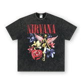 NIRVANA Rock American Retro Short Sleeve T-shirt Washed Heavy Cross border Printed Trendy Pure Cotton Vintage Men (4)