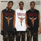 2025 Cross border Summer Nirvana Crimson Angel Heavy Duty Washed Water Shoulder Tank Top Rock T-shirt Printed Men's Tank Top
