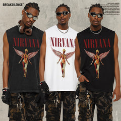2025 Cross border Summer Nirvana Crimson Angel Heavy Duty Washed Water Shoulder Tank Top Rock T-shirt Printed Men's Tank Top