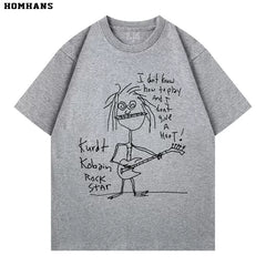 Washed Black Printed Short Sleeve T-shirt Nirvana Kurt Cobain Self Portrait Cotton Loose (1)