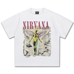 2025 Spring/Summer New Cross border NIRVANA Rock Band Vintage Short sleeved T-shirt Heavy duty Washed and Used Trend (16)