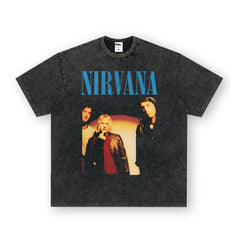 NIRVANA Rock American Retro Short Sleeve T-shirt Washed Heavy Cross border Printed Trendy Pure Cotton Vintage Men (5)