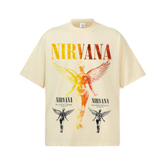 2026 Cross border NIRVANA Classic Angel American High Street Direct Spray Printing 300G Cotton Heavy Weight Knitted Short Sleeve Men (1)