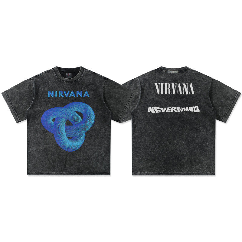 2025 Spring/Summer New Cross border NIRVANA Rock Band Vintage Short sleeved T-shirt Heavy duty Washed and Used Trend (3)
