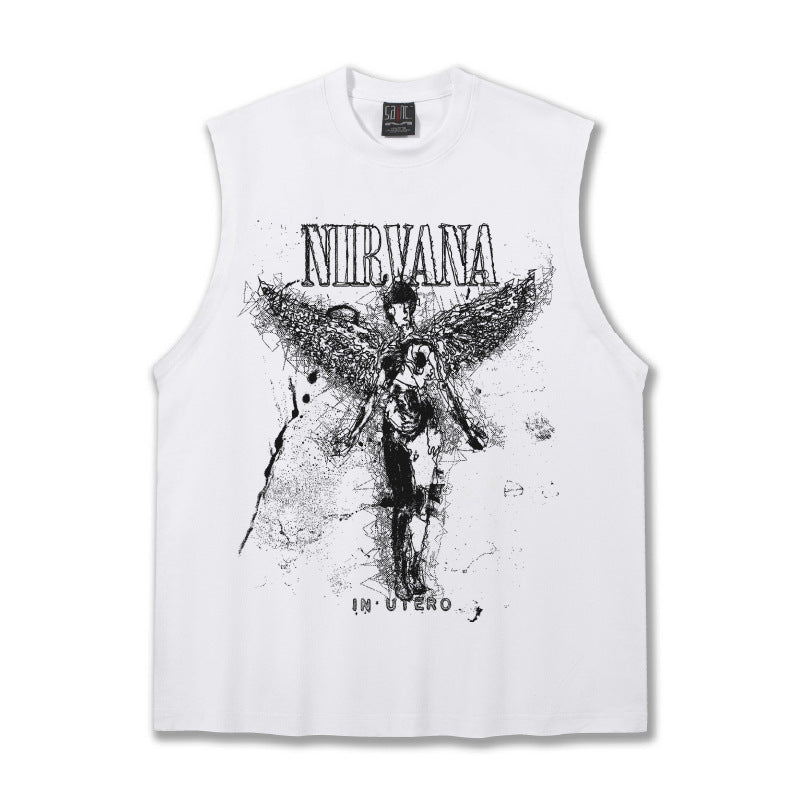 2025 Cross border Summer NIRVANA American Heavy duty Pure Cotton Shoulder Tank Top T-shirt Breathable Printed Round Neck Tank Top for Men (2)