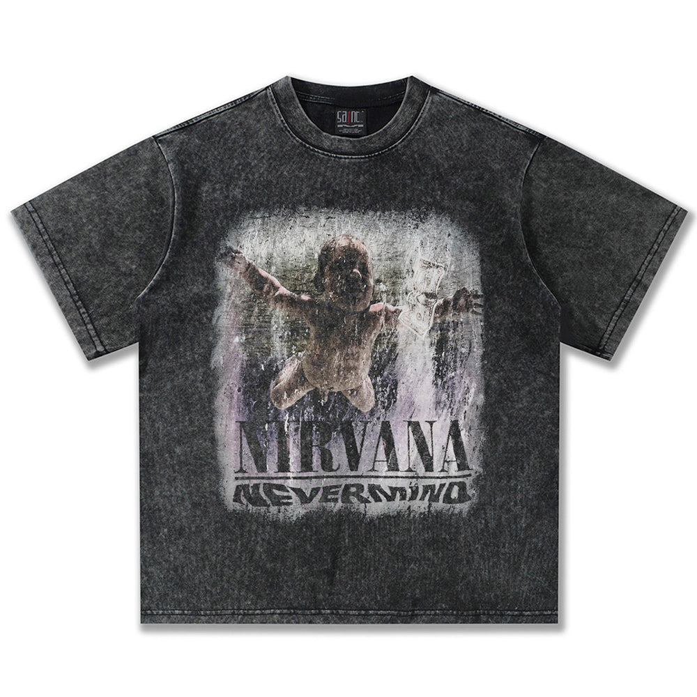 2025 Spring/Summer New Cross border NIRVANA Rock Band Vintage Short sleeved T-shirt Heavy duty Washed and Used Trend (2)