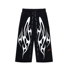 Black White Flame Graphic Loose Drawstring Street‑Wear Pants