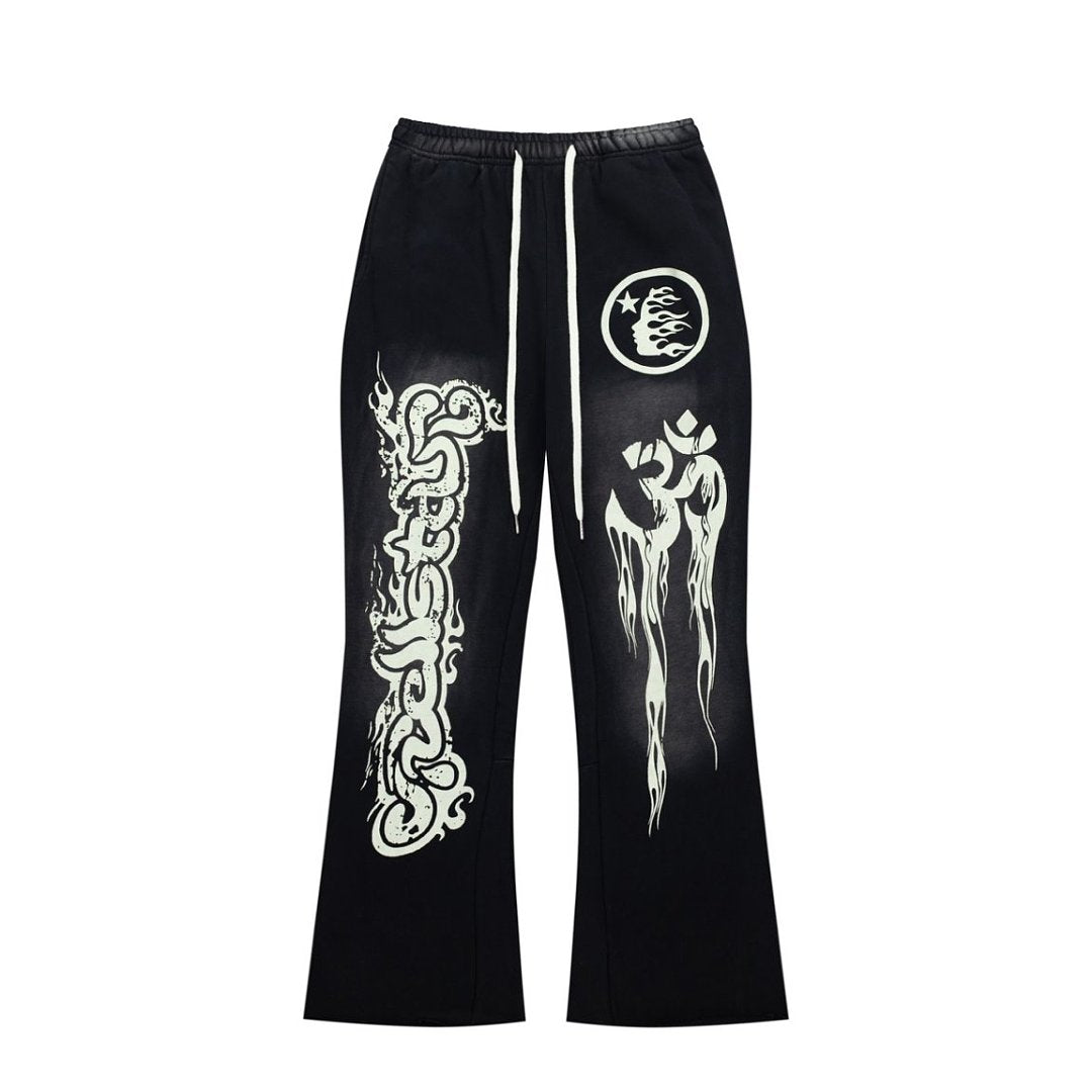 Black Gothic Embroidery Loose‑Fit Flare Casual Sweatpants
