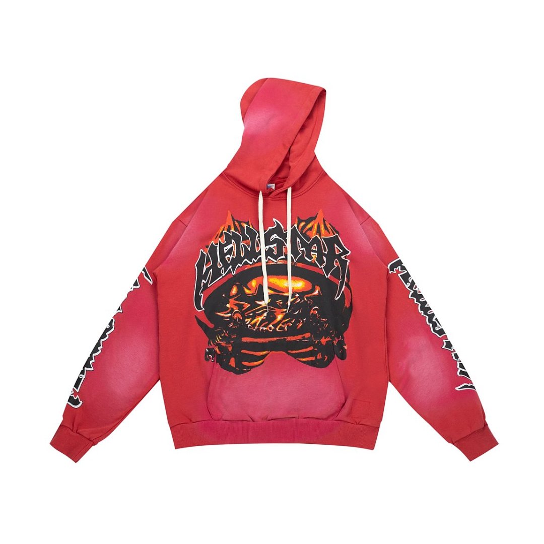 Y2K Gothic Street‑Wear Red Wash Hoodie Drawstring Pullover