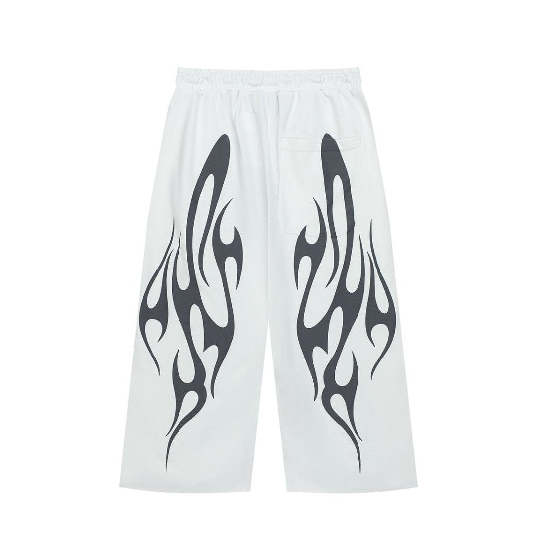 Black White Flame Graphic Loose Drawstring Street‑Wear Pants