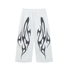 Black White Flame Graphic Loose Drawstring Street‑Wear Pants