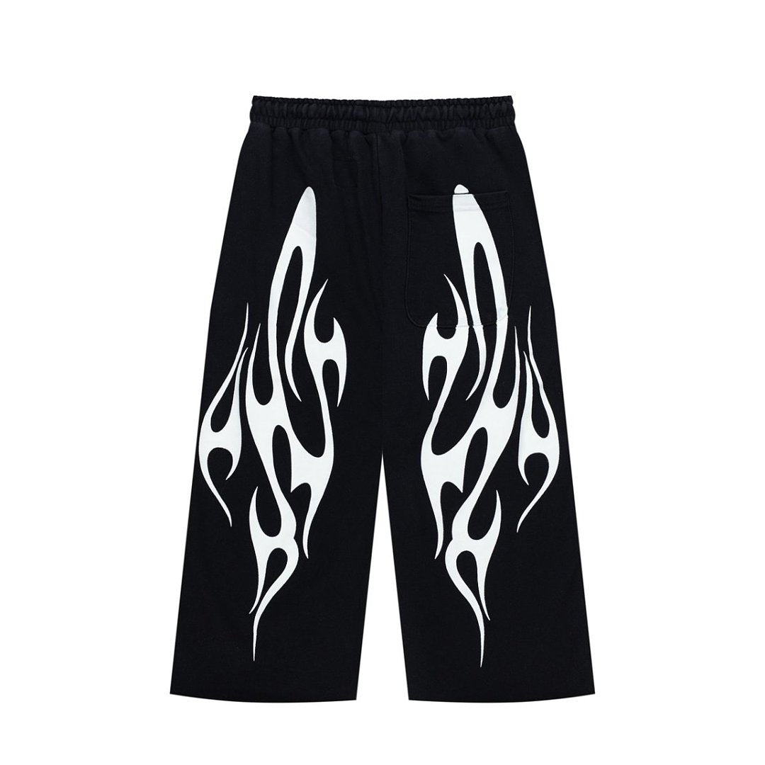 Black White Flame Graphic Loose Drawstring Street‑Wear Pants