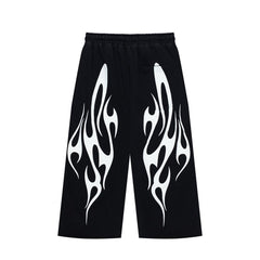 Black White Flame Graphic Loose Drawstring Street‑Wear Pants