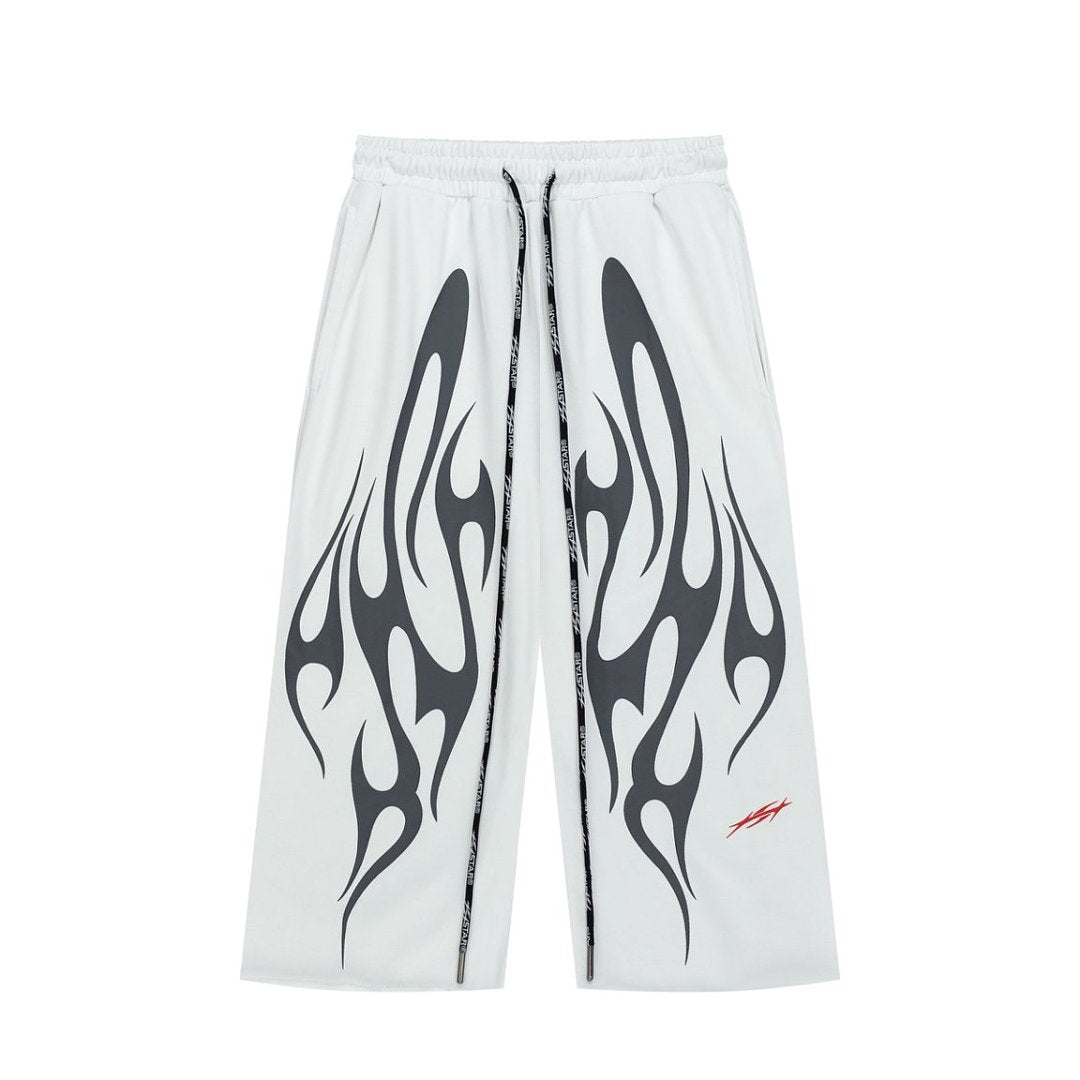 Black White Flame Graphic Loose Drawstring Street‑Wear Pants