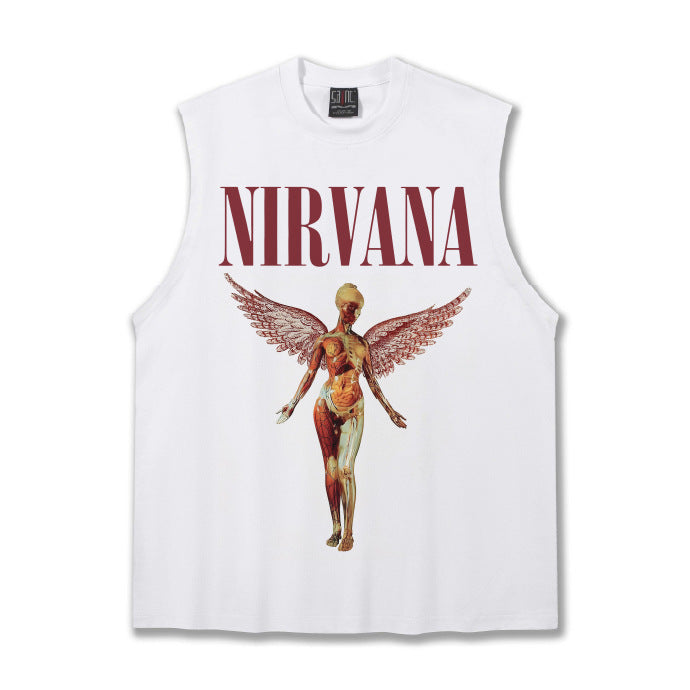 2025 Cross border Summer Nirvana Crimson Angel Heavy Duty Washed Water Shoulder Tank Top Rock T-shirt Printed Men's Tank Top