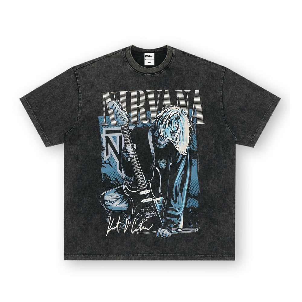 Nirvana NIRVANA rock band VINTAGE American washed vintage heavyweight cross-border short sleeved t-shirt with small neckline (1)